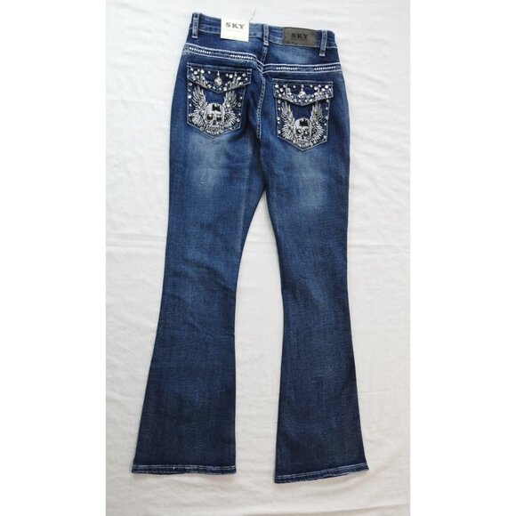 New Sky Premium Women's  Western Flared Jeans Sz 7 Angel Wings Skull Y2K - Picture 1 of 12